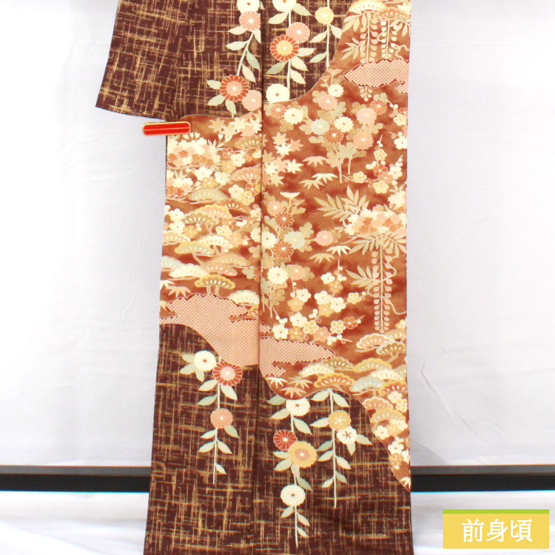訪問着 正絹 袷 身丈170.5cm 裄丈63.5cm 黒紅梅色（くろこうばいいろ） 京友禅 松竹梅 菊 Sランク 茶系 1112004982614