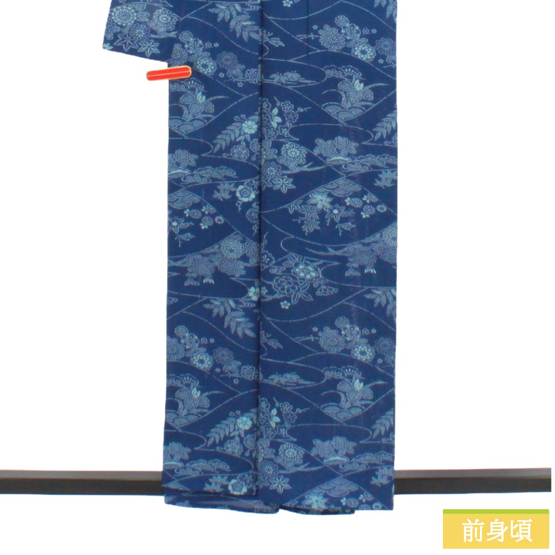 夏物 正絹 小紋 Aランク 身丈156.5cm 裄丈62.5cm 瑠璃色（るりいろ） 型染 吉祥文様 スコッチガード加工 絽 青系 1132004683317