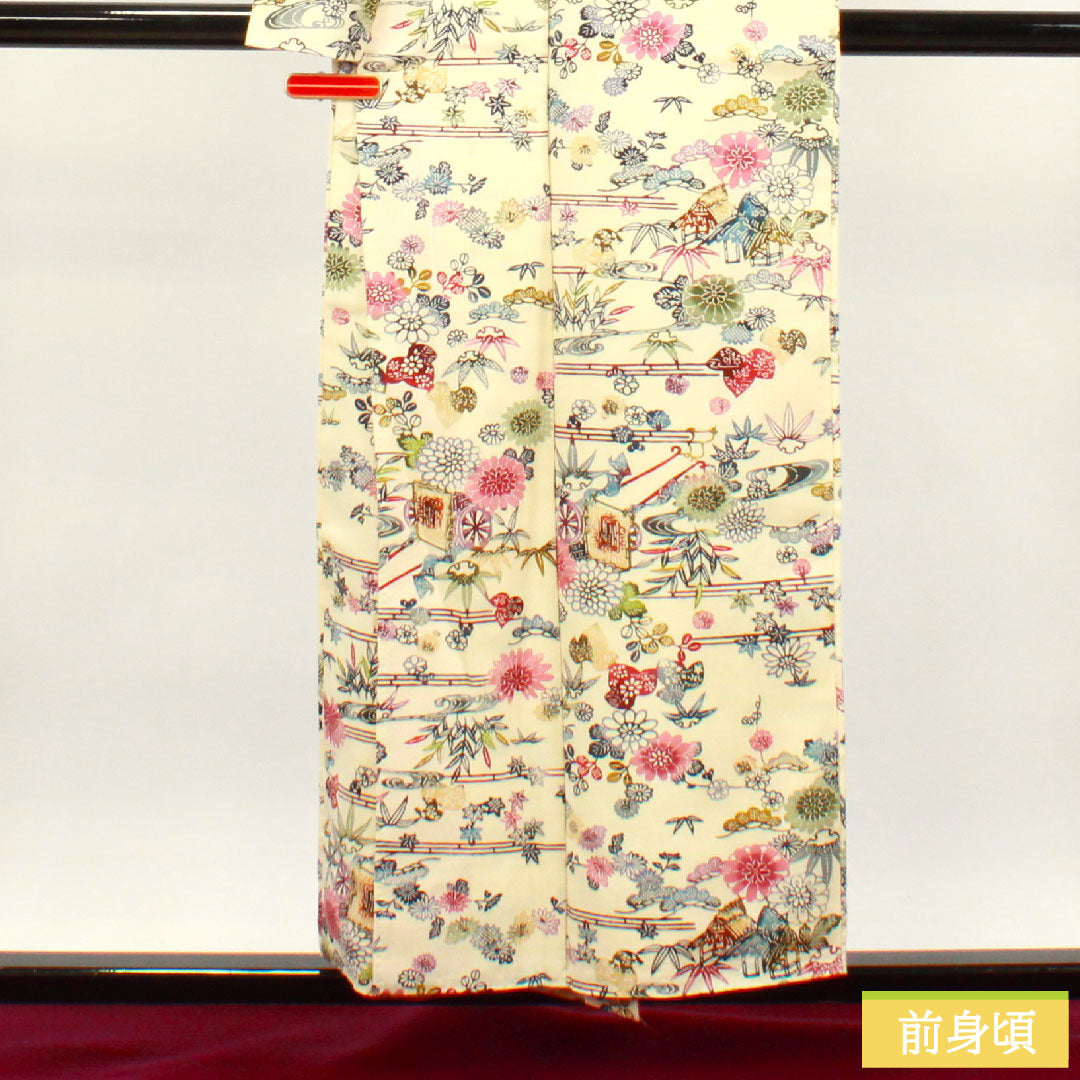 Komon, pure silk, length 154.5cm, sleeve length 62.5cm, lined, milky white, pongee, Kyoto Bingata, pine, bamboo, plum, flower cart, running water, S rank, cream, 1115003542215