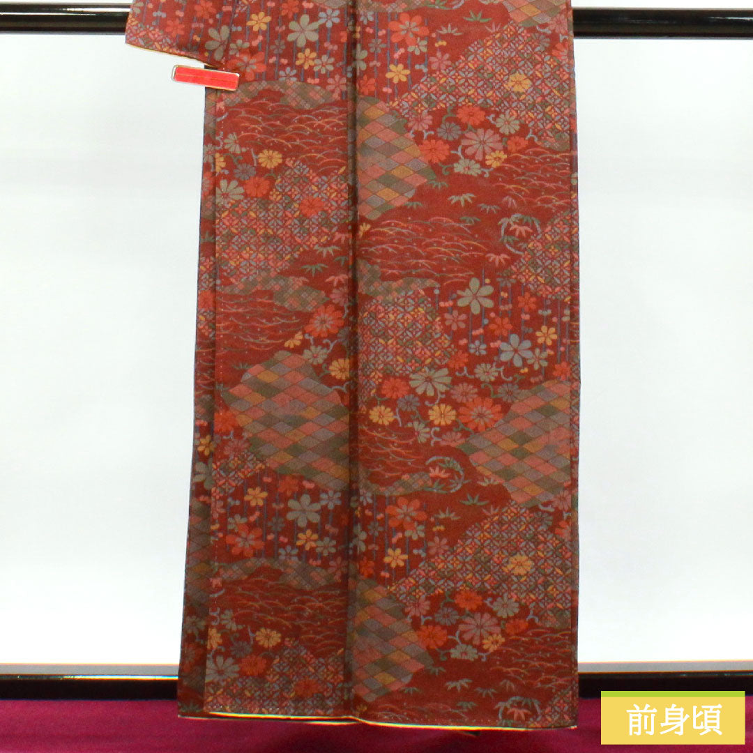小紋 正絹 身丈157.5cm 裄丈63.5cm 袷  褐色 吉祥文様  Aランク 茶系 1115003583314