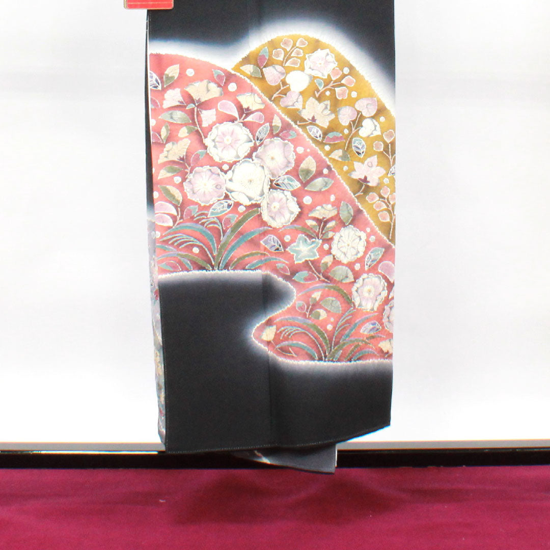 Black formal kimono, length 150cm, sleeve length 63.5cm, lined, Kiriya Suizan Kobo, Tsujigahana, circle with iris, pure silk, S rank, five crests, black, 1111001122110