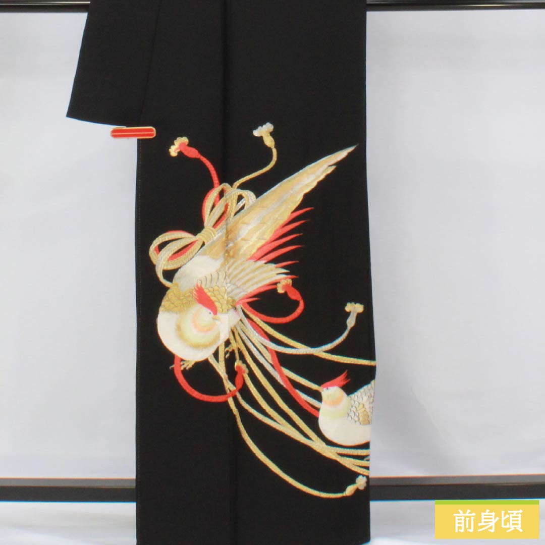 Black Tomesode (Japanese Kimono) - Pure Silk, Grade A, Length 161.5cm, Sleeve Length 64cm, Lined, Five Crests, Swallowtail Butterfly Embroidery, Bird Design, Braided Cord, Black, Item Number 1111001813410