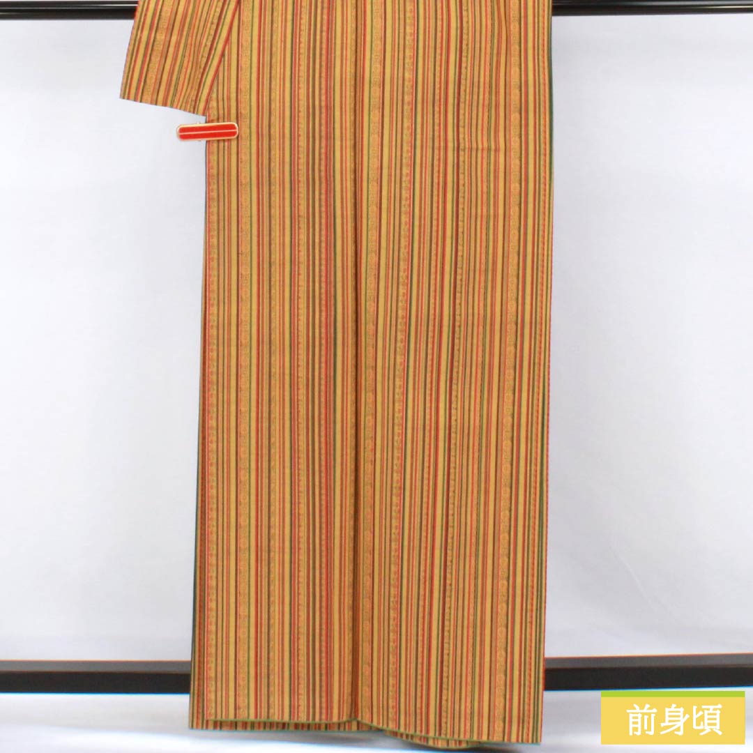 紬 正絹 Sランク 身丈162cm 裄丈66cm 楊梅色（やまももいろ） 型染 縞 袷 橙系 1116004492426