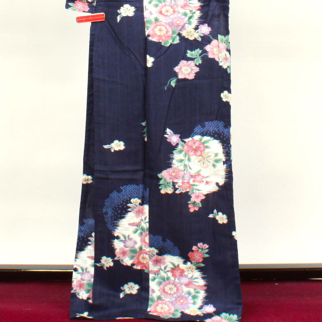 Yukata with basting thread, unused, navy blue, snowflake, floral pattern, cotton, S rank, single layer, length 171cm, sleeve length 65.5cm, navy blue, 1118002072618
