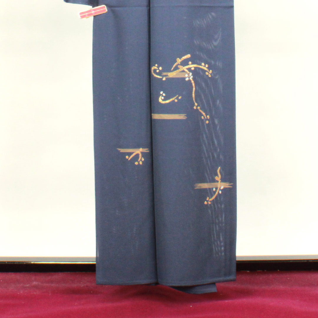 Visiting kimono, summer, length 158cm, sleeve length 66cm, dark color, silk, Takeyamachi embroidery, abstract pattern, bellflower with three scales, pure silk, S rank, navy blue, 1112002772318