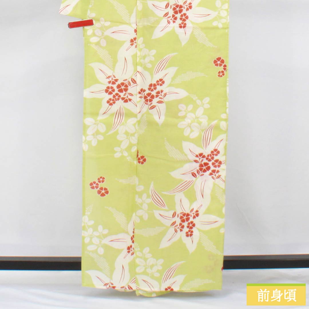 Cotton Yukata, Length 161.5cm, Sleeve Length 66cm, S Rank, Single Layer, Green, Wakame-iro (Wakame-iro) with Lily and Cosmos Designs, 1118006382419