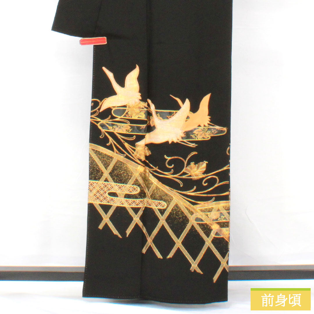 黒留袖 正絹 身丈162cm 裄丈64cm 袷 引箔刺繍 鶴 五つ紋 丸に三つ柏 Bランク 黒系 1111001444410