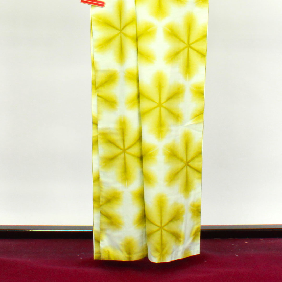 (New, unused item) Yukata, Yukihana-shibori, with basting thread, unused item, Habu-iro, Asanoha, Board-jime-shibori, Cotton, NEW rank, Single layer, Length 162cm, Sleeve length 65.5cm, Yellow, 1118003911423