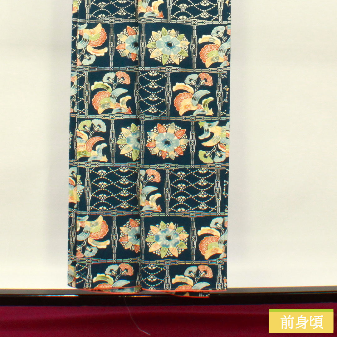小紋 正絹 身丈153cm 裄丈62.5cm 袷 裏色（うらいろ） 京紅型 草花模様 しつけ糸付き Aランク 紺系 1115004343218