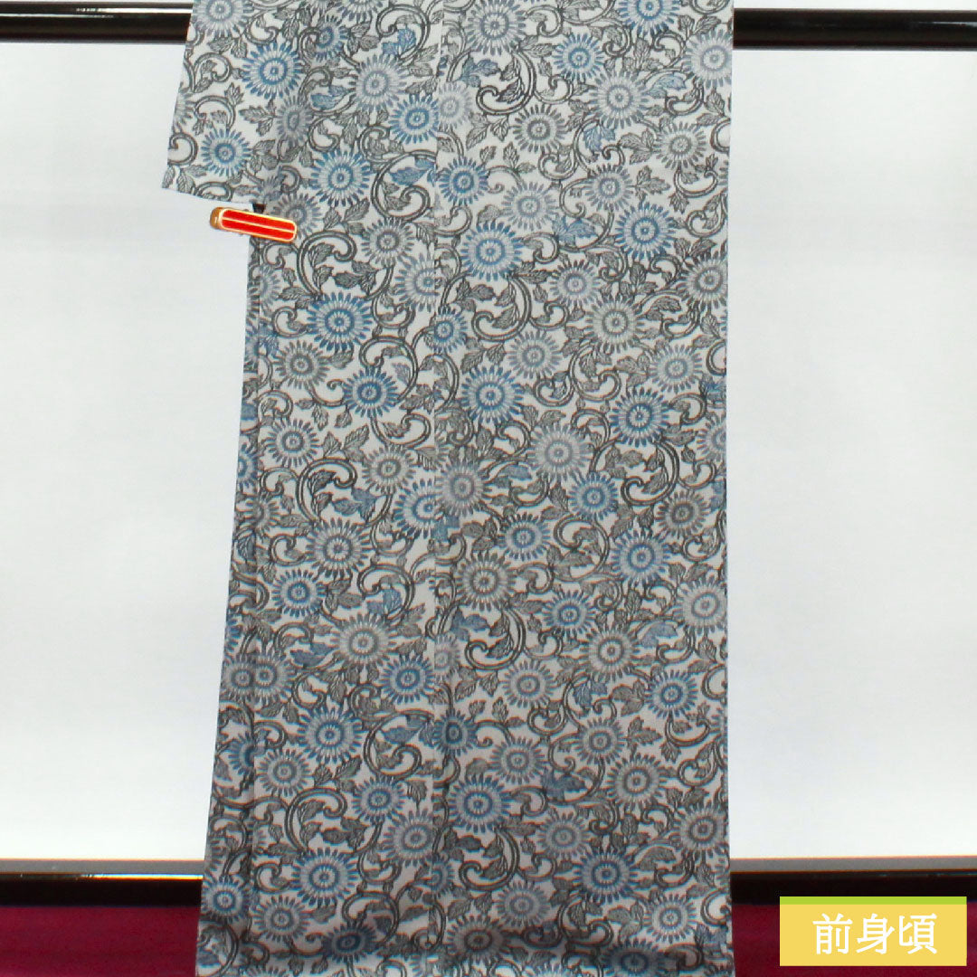 小紋 正絹 身丈172cm 裄丈64cm 袷  白銅色 京紅型 菊  Sランク グレー系 1115003572622