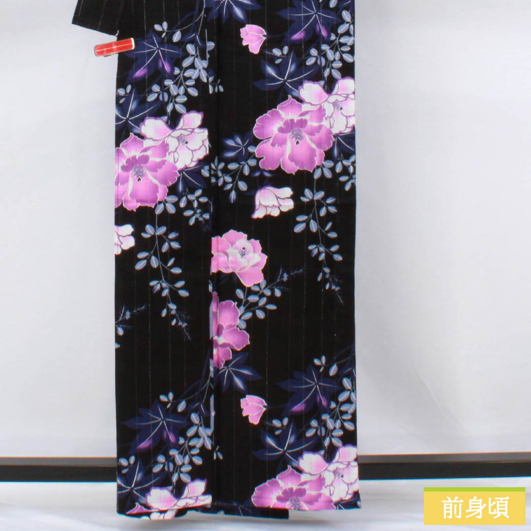 浴衣 木綿 身丈161.5cm 裄丈65cm Sランク 単衣 黒系 竪絽（たてろ） 花 銀糸入り 1118006662410