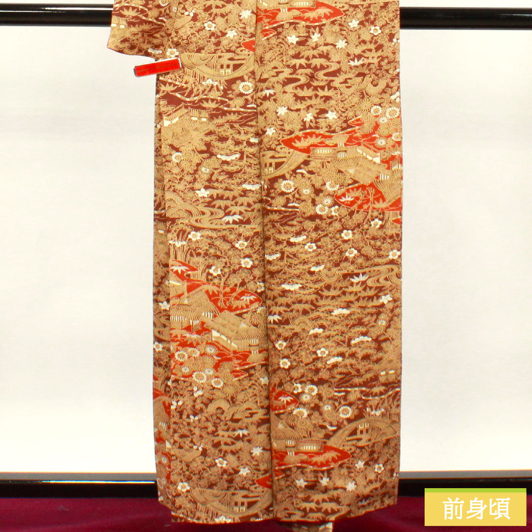 小紋 正絹 身丈157cm 裄丈64.5cm 袷  濃茶色 茶屋辻 松竹梅  Sランク 茶系 1115003602314