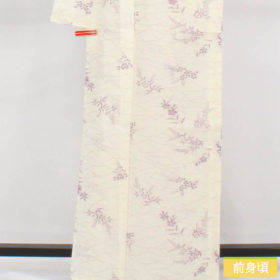 夏物 麻 紬 身丈165cm 裄丈69cm 乳白色（にゅうはくしょく） 小千谷縮 草花模様 紗 Aランク 白系 1132002683511