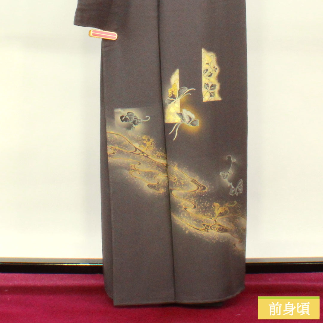 Homongi, pure silk, lined, length 161cm, sleeve length 66.5cm, dark blue, Kyo-Yuzen, butterfly, ivy, flowing water, S rank, gray, 1112004162422