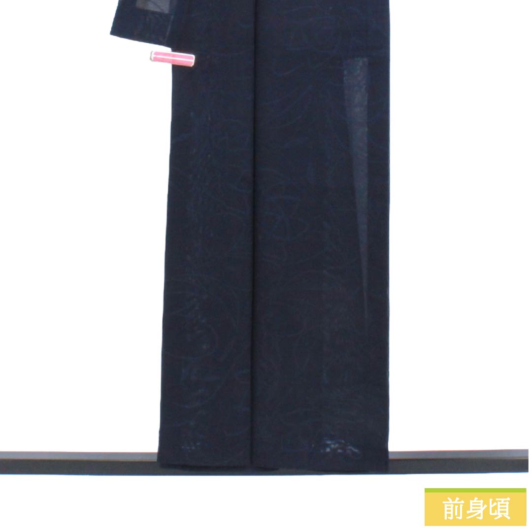 夏物 正絹 色無地 Bランク 身丈154.5cm 裄丈62.5cm 濃紺色（のうこんいろ） 草花模様 紗 紺系 1132004334218