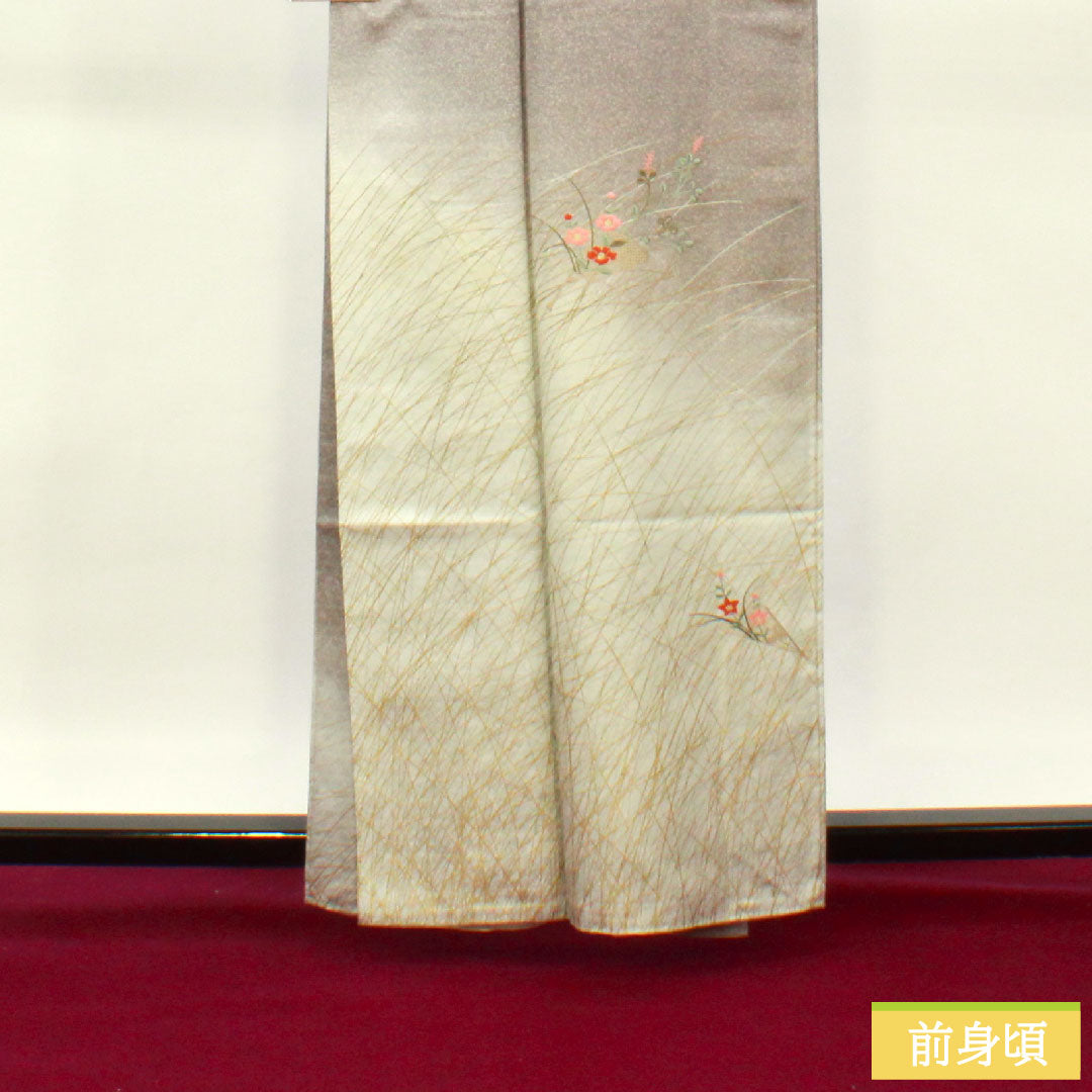 訪問着 正絹 袷 身丈161cm 裄丈65cm 鈍紫色 刺繡 Aランク グレー系 1112003703422