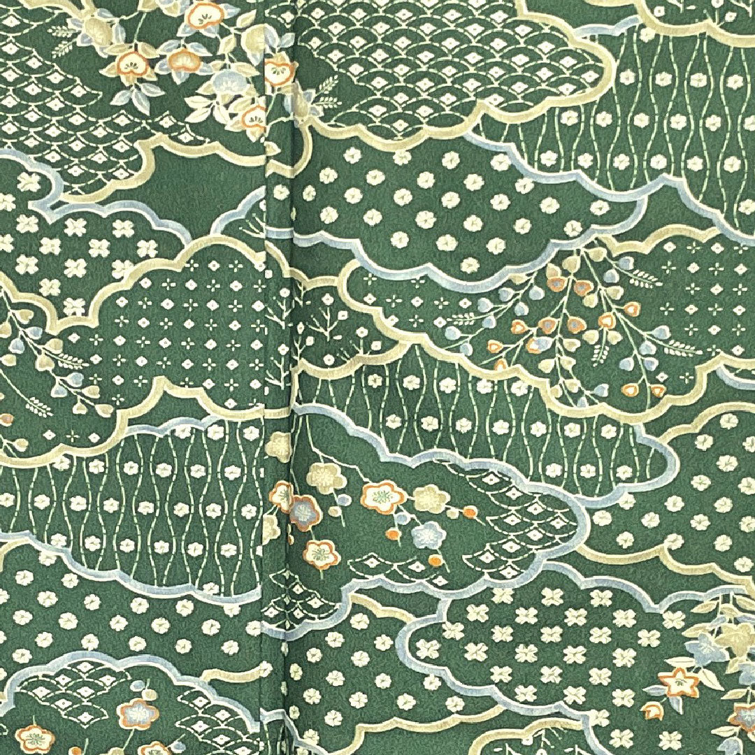 Small pattern, Length 160cm, Sleeve length 62.5cm, Awase, Light green, Washable kimono, Cloud pattern, Floral pattern, Polyester, S rank, Green, 1115002572419