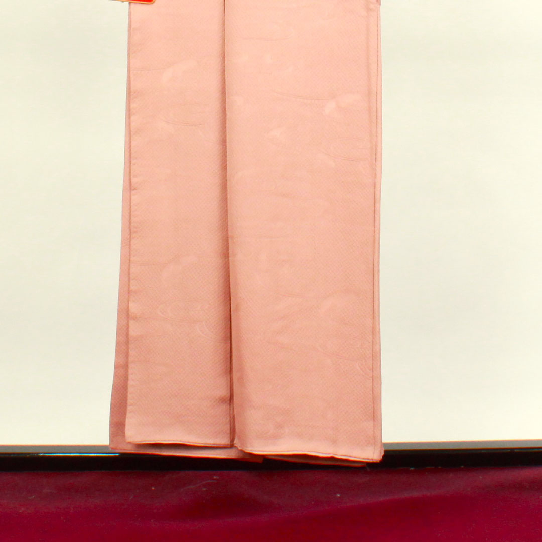 色無地 正絹 水柿色 抽象模様 下り藤  身丈152.5cm 裄丈64cm 袷  Aランク ピンク系 1114000853213