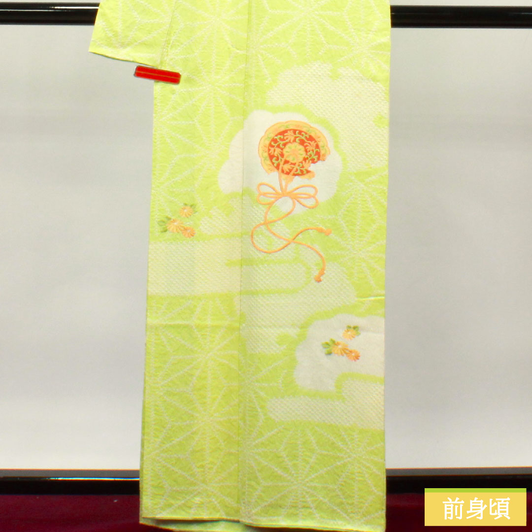 訪問着 正絹 袷 身丈162.5cm 裄丈62cm 若芽色 刺繡 絞り 麻の葉 Aランク 緑系 1112003433419