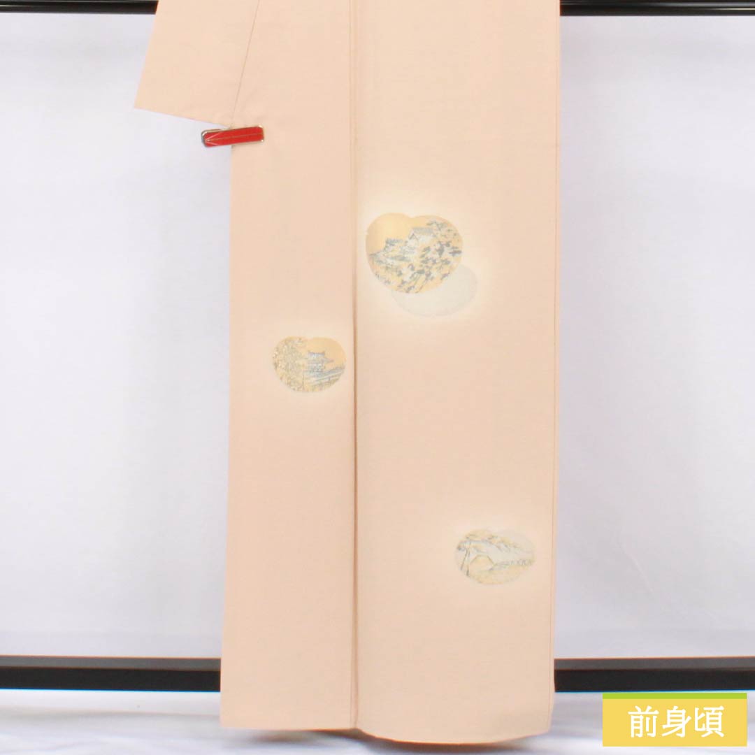 Visiting Kimono, Pure Silk, A-Rank, Lined, Length 161cm, Sleeve Length 66cm, Light Color (Usunikuiro), Single Crest, Shade-Arise Wisteria, Embroidered Landscape, Tsukesage, Orange, Product Number: 1112007143426