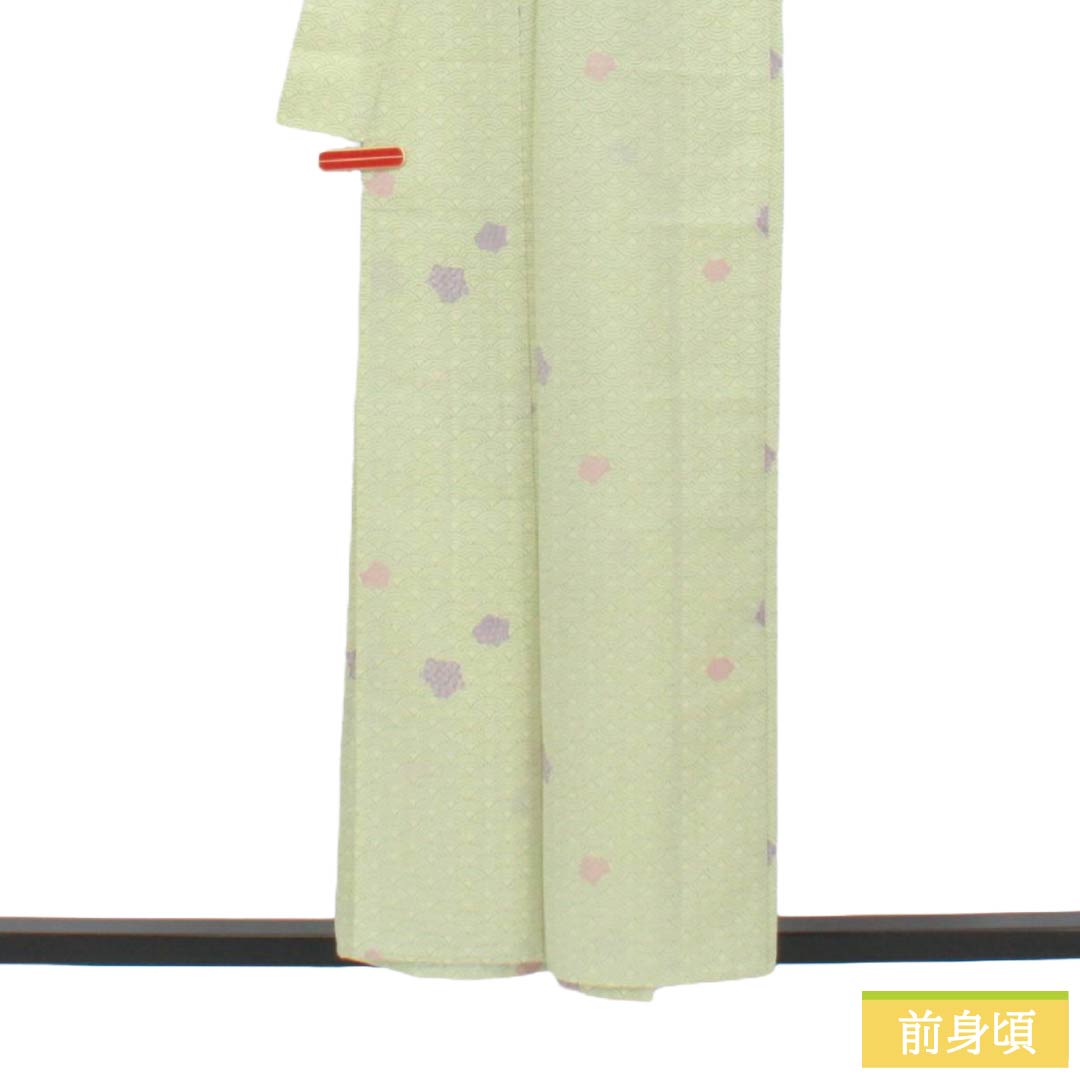 夏物 ポリエステル 小紋 Sランク 身丈156.5cm 裄丈62.5cm 硫黄色（いおういろ） 青海波 抽象模様 洗える着物 絽 緑系 1132003412319