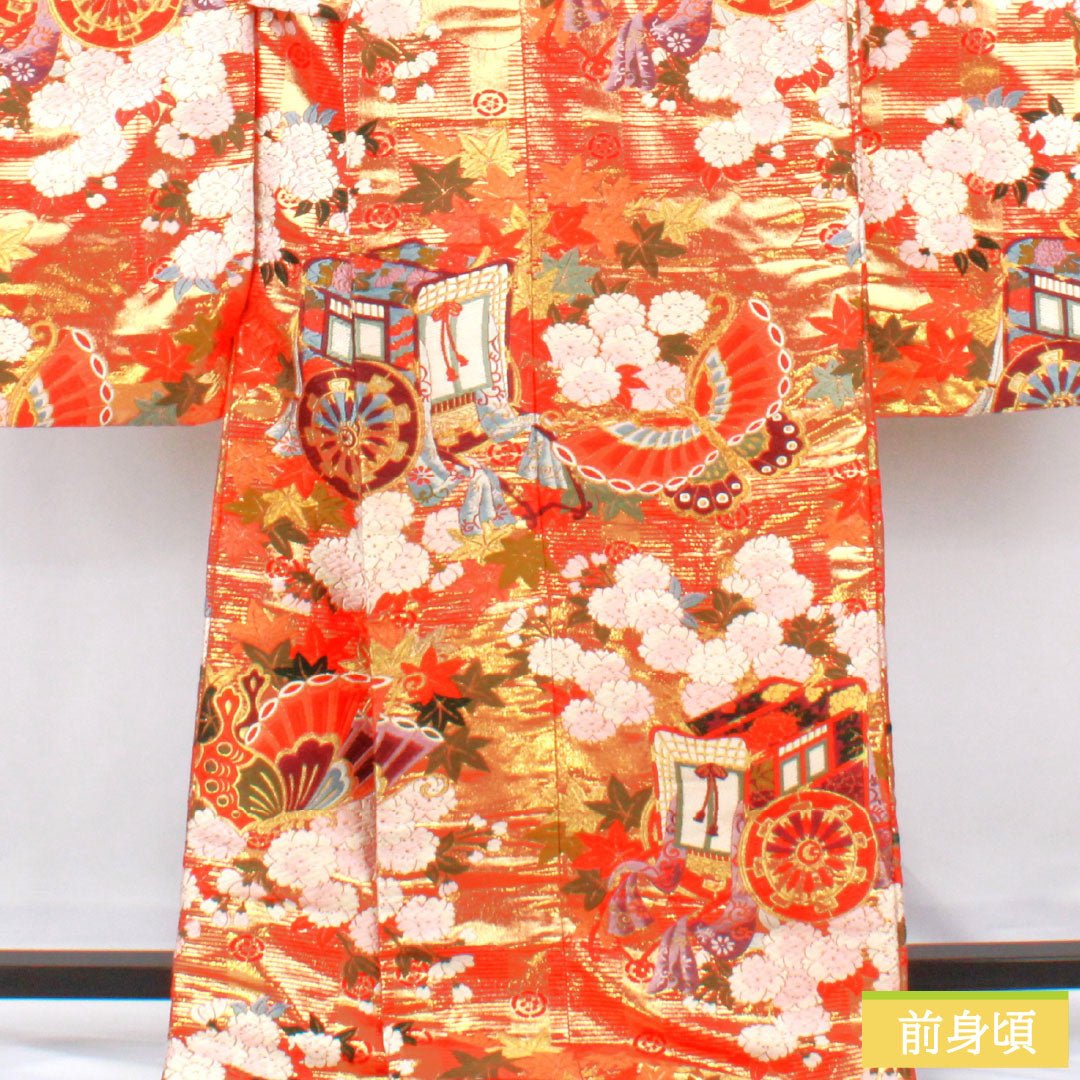 Iro-uchikake (colored kimono) made of pure silk, grade A, length 184cm, sleeve length 60.5cm, Karaori (Chinese weave) with butterfly and floral patterns, lined, vermilion, 1110001003916