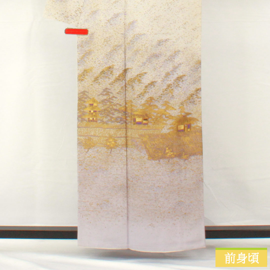 訪問着 正絹 袷 身丈158cm 裄丈62cm 銀白色（ぎんはくしょく） 京友禅 風景模様 パールトーン加工 作家物 Aランク グレー系 1112004963322