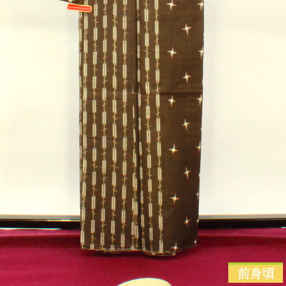 Tsumugi, pure silk, length 163cm, sleeve length 63.5cm, Kenbou color, Kasuri, basting thread included, unused, S rank, lined, brown, 1116003522414