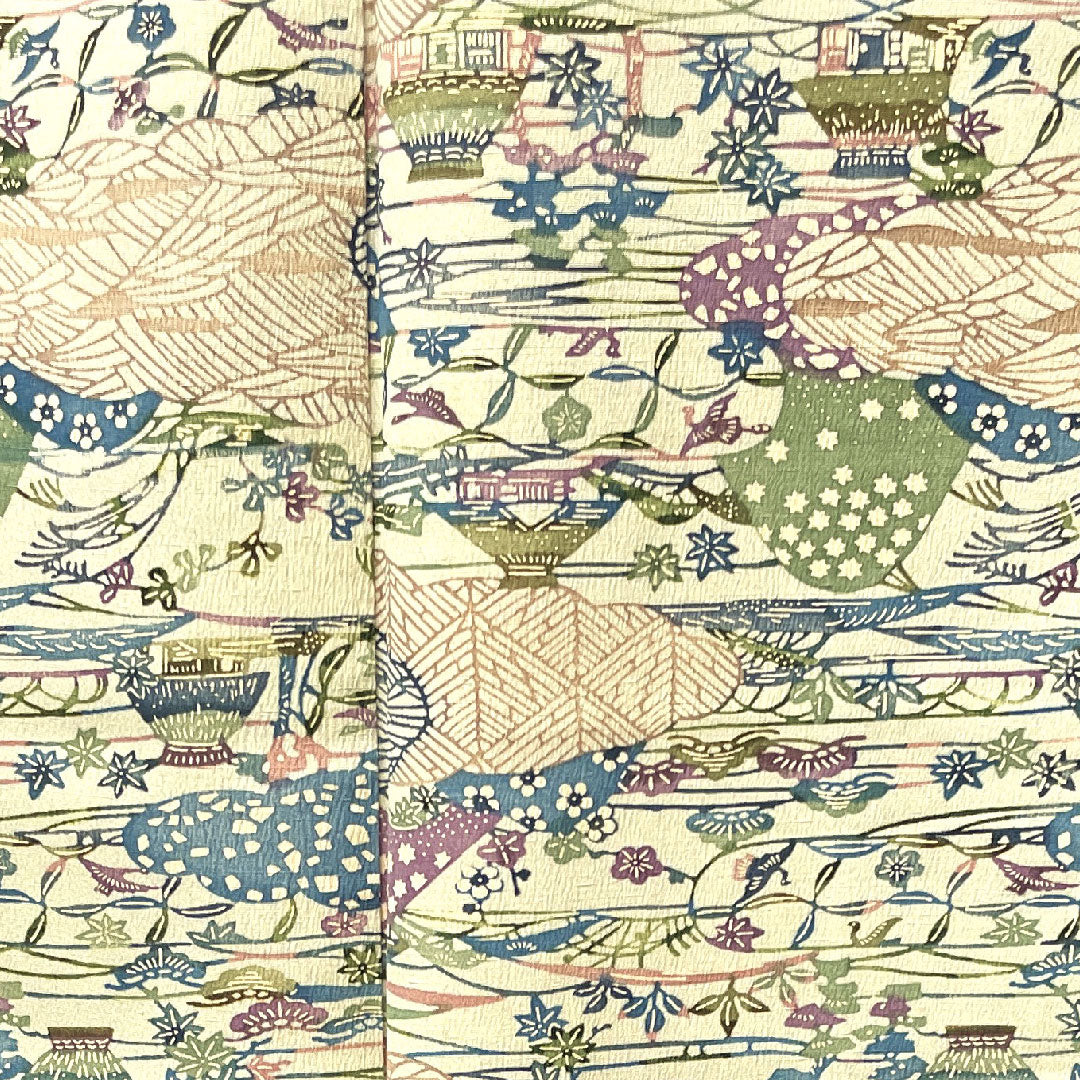 小紋 身丈154.5cm 裄丈61.5cm 袷  砥粉色 紅型 風景模様 正絹 Aランク クリーム系 1115003083215