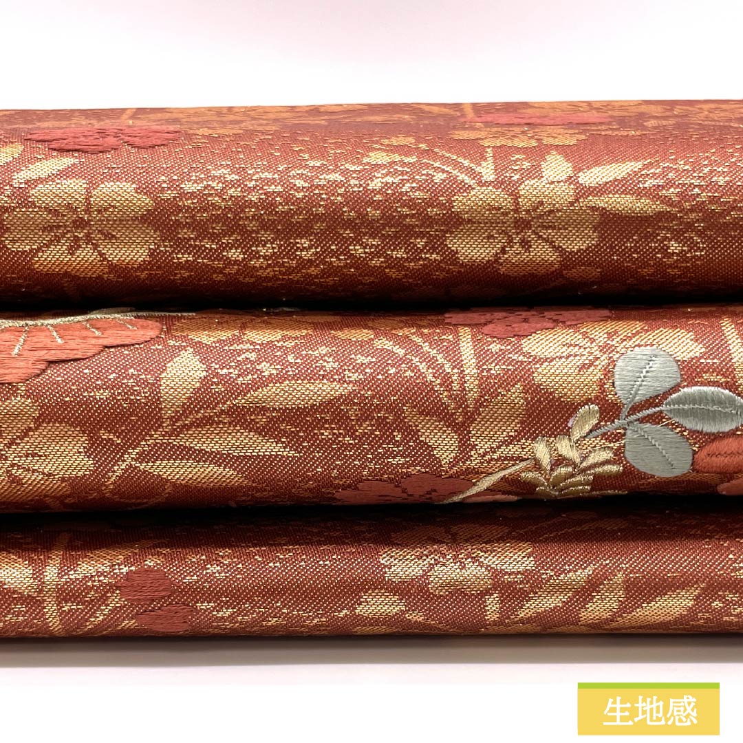 名古屋帯 吾木香色（われもこういろ） 松 刺繍 花模様 帯丈358cm 正絹 Sランク ポイント柄 セミフォーマル 朱系 1124008392316 名古屋仕立て