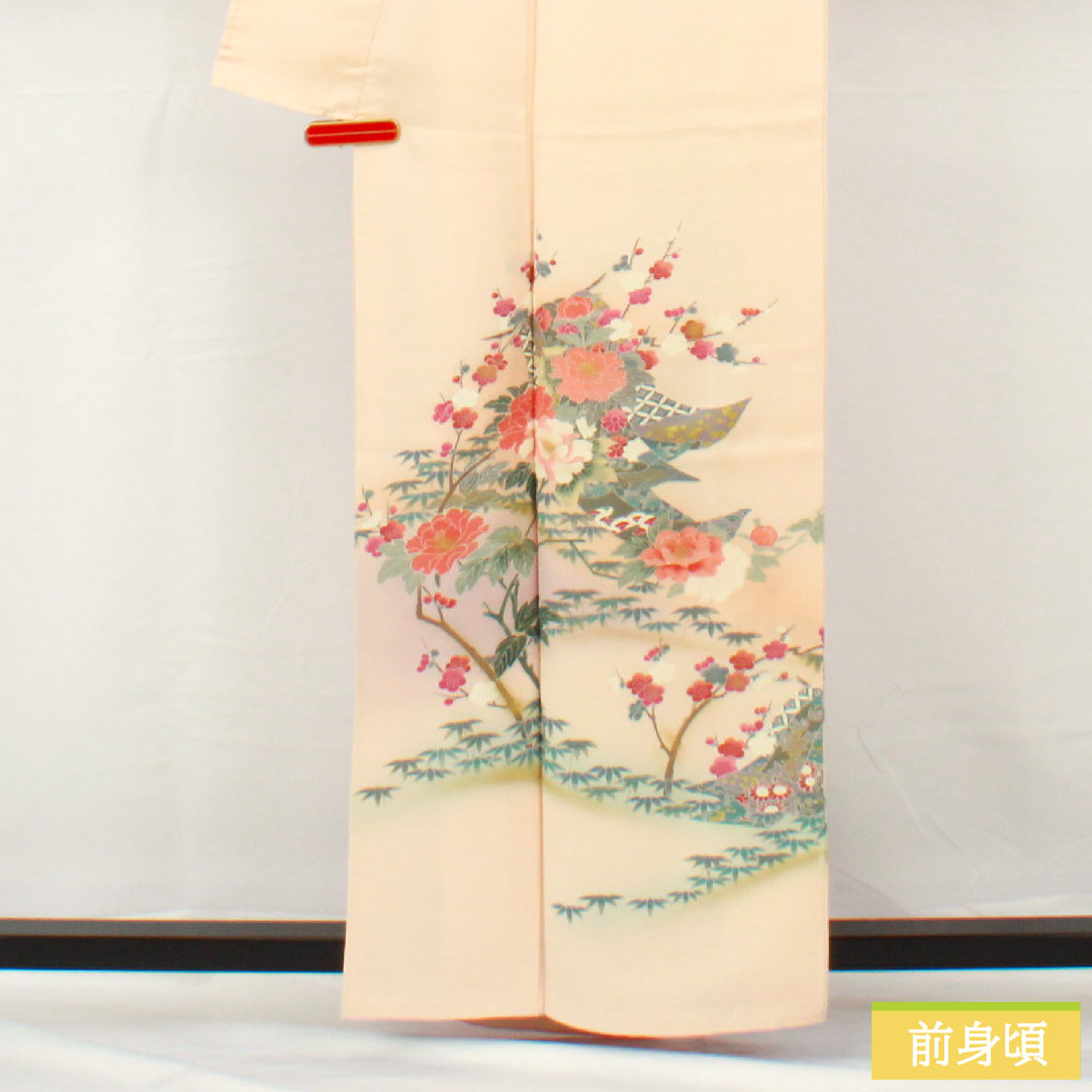 Homongi, pure silk, lined, length 161.5cm, sleeve length 63cm, maiden color, Kyo-Yuzen, floral pattern, S rank, pink, 1112005312413