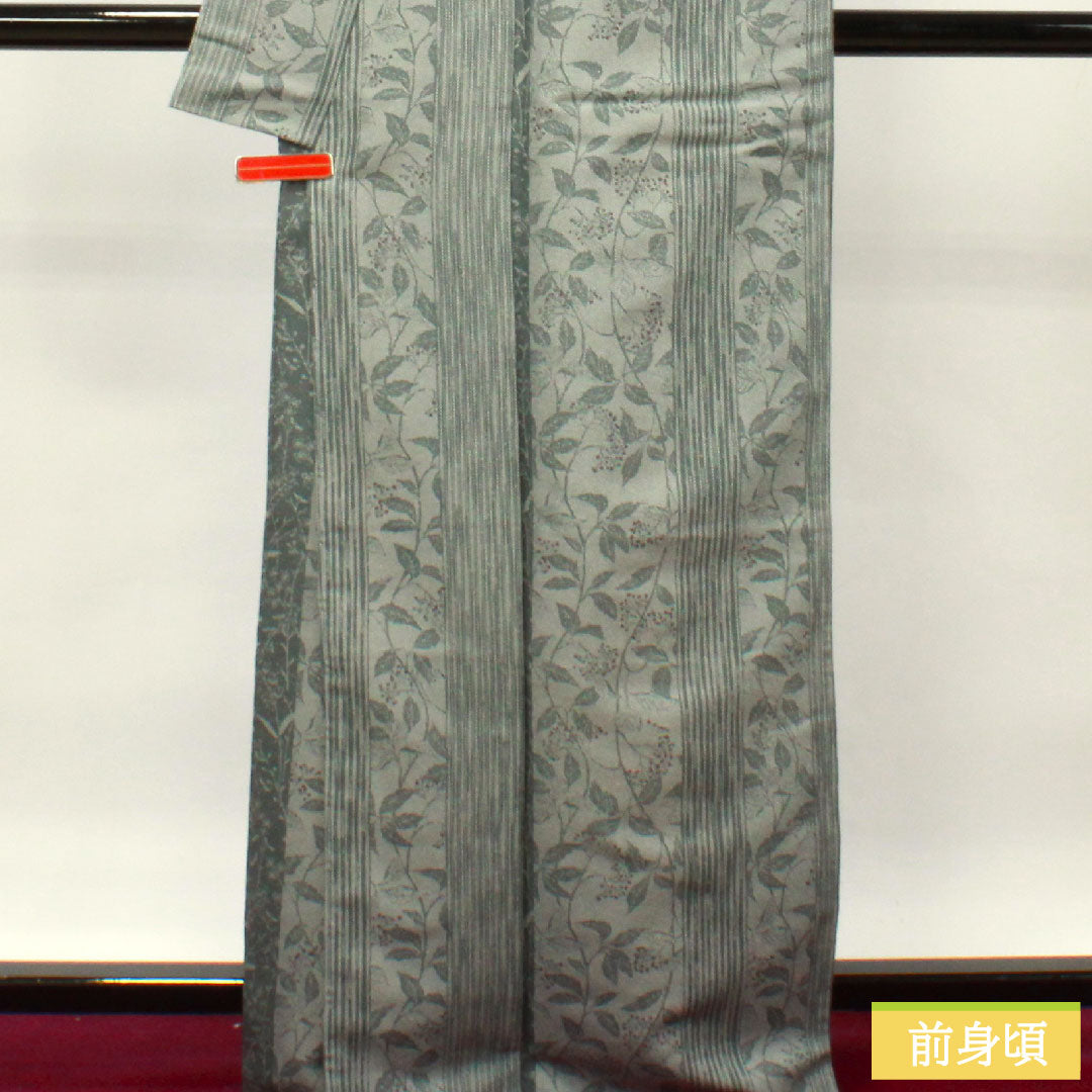 小紋 ポリエステル 身丈167cm 裄丈66.5cm 袷 洗える着物 南天 縞 しつけ糸付き Sランク グレー系 1115004002522