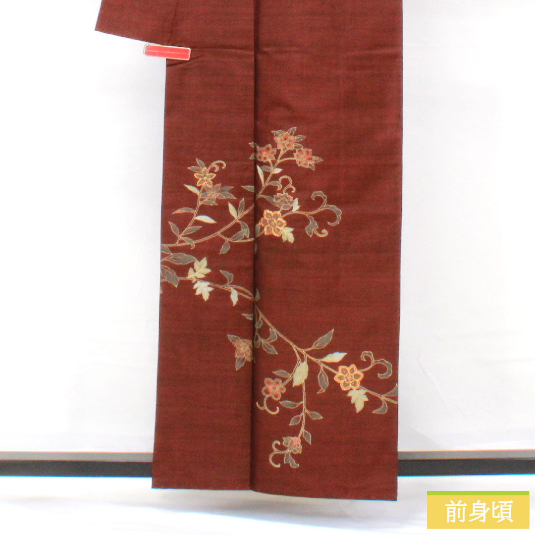 訪問着 正絹 袷 身丈158.5cm 裄丈65cm 生臙脂色（しょうえんじいろ） 大島紬地 紬地 蘇州刺繡 草花模様 Aランク 赤系 1112005493312