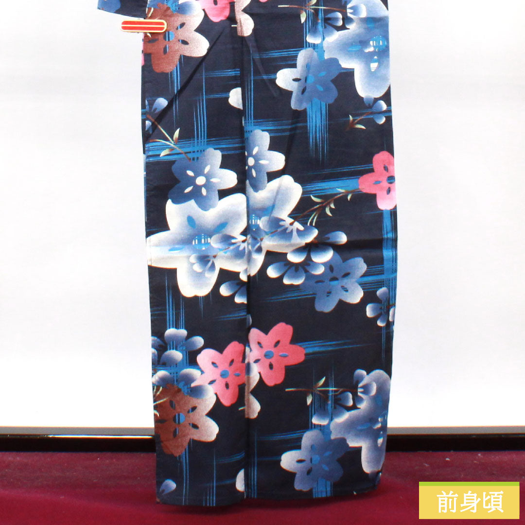 Yukata Cotton Length 163.5cm Sleeve length 65.5cm S rank Single layer Navy Deep navy (noukon-iro) Cherry blossom 1118004852418