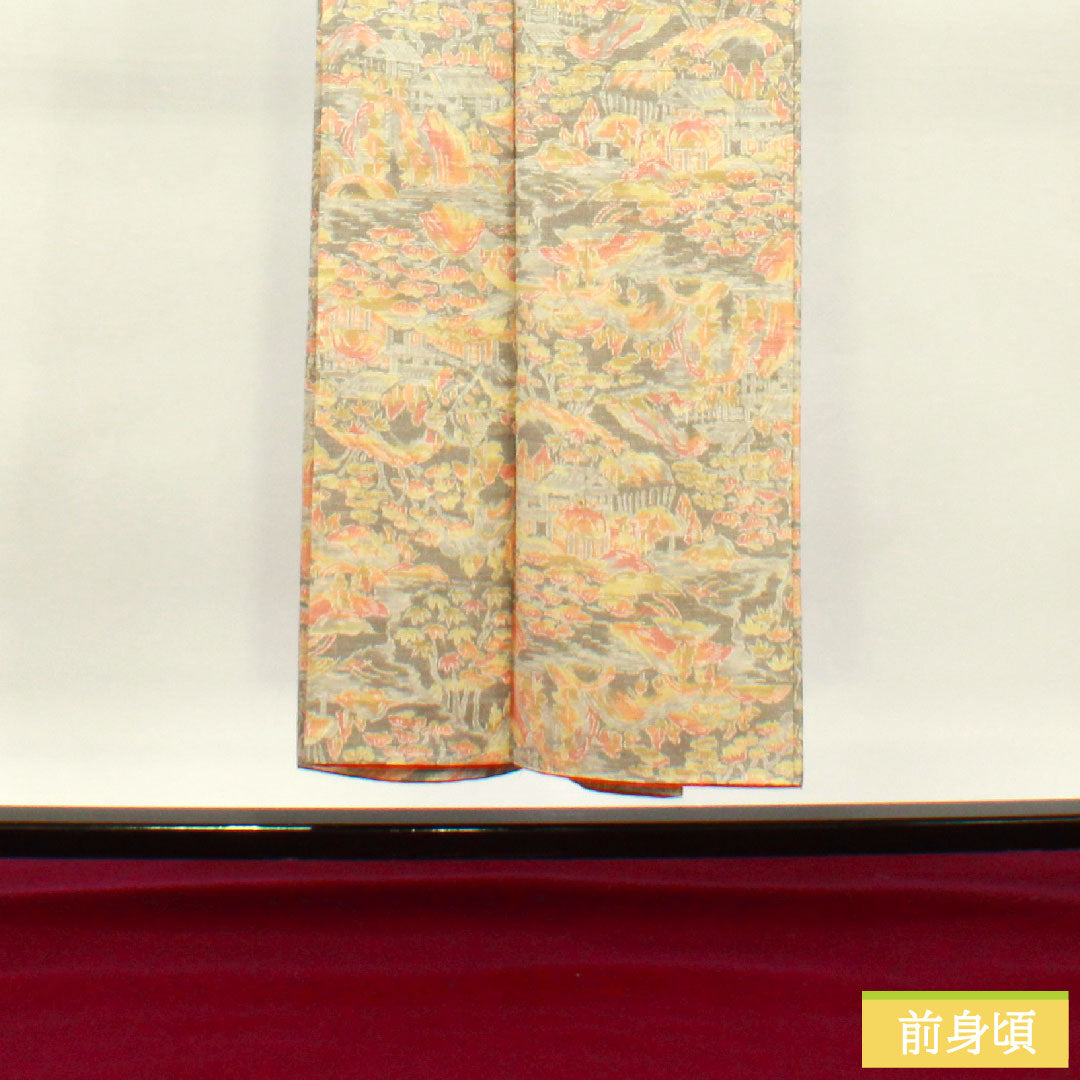 紬 正絹 身丈150.5cm 裄丈62cm 絹鼠色（きぬねずいろ） 風景模様 しつけ糸付き 未使用品 Sランク 袷 グレー系 1116003402122