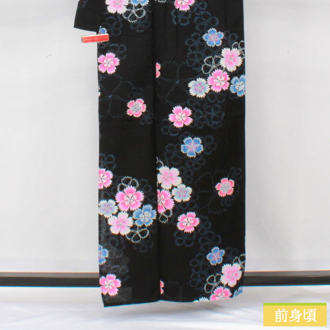浴衣 木綿 身丈160cm 裄丈66cm Sランク 単衣 黒系 撫子 1118006142410