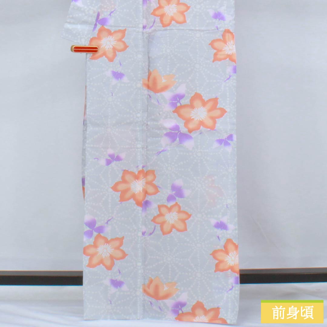Cotton Yukata, Length 164.5cm, Sleeve Length 67.5cm, S Rank, Single Layer, Grayish, Hakudo-iro (White Copper Color), Hemp Leaf Flower Design, 1118006522422