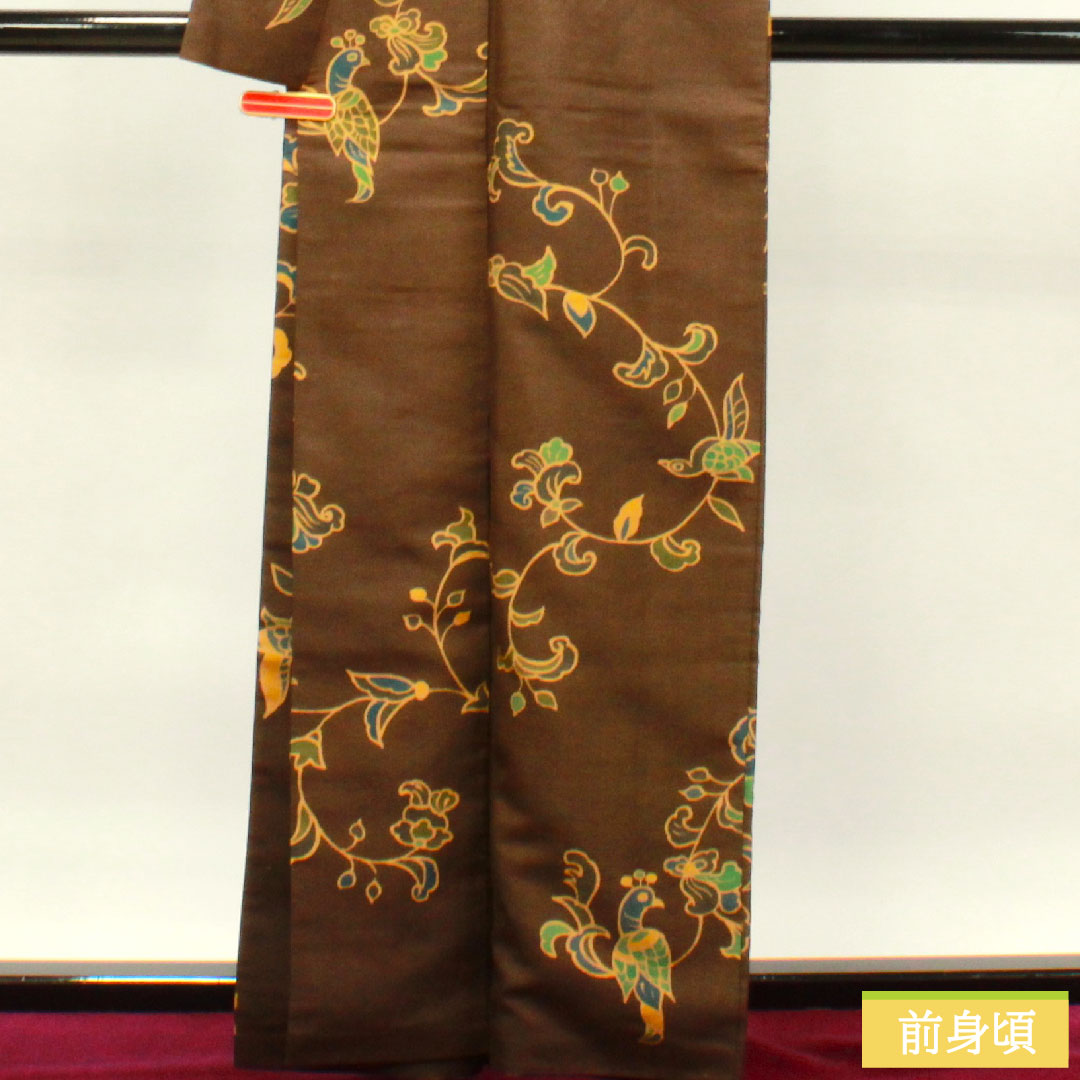 小紋 正絹 身丈162cm 裄丈64.5cm 袷  落栗色 更紗模様  Aランク 茶系 1115003863414