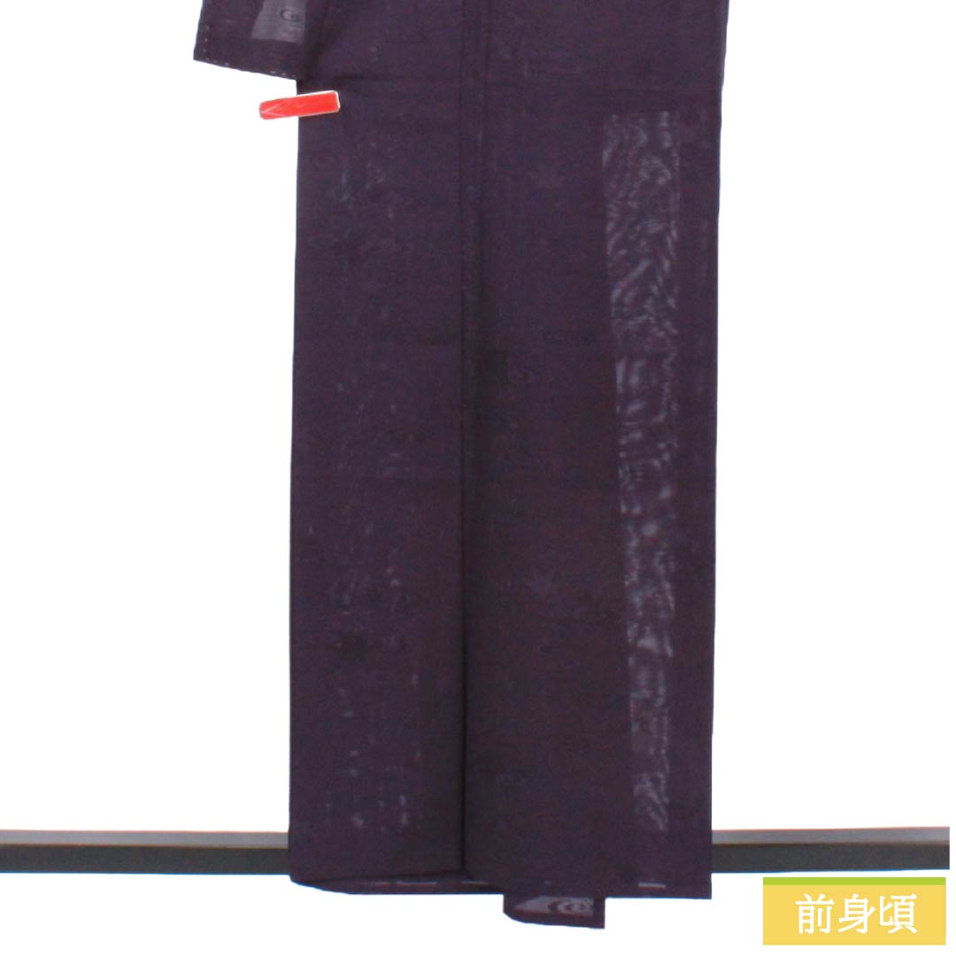 夏物 正絹 色無地 Aランク 身丈158cm 裄丈65cm 茄子紺色（なすこんいろ） 流水 紅葉 絽 紫系 1132004523320