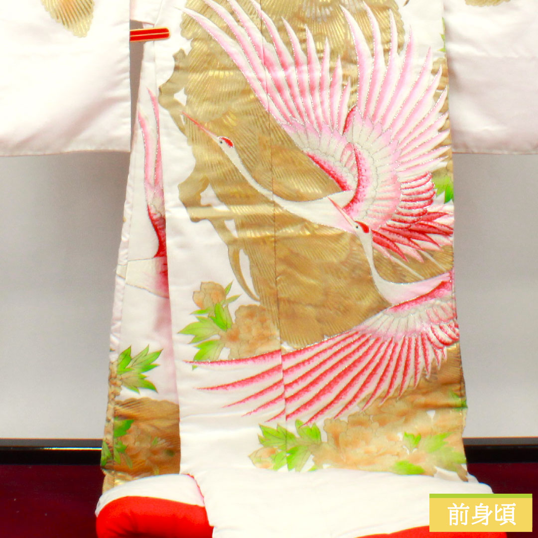 Colored uchikake, pure silk, length 191cm, sleeve length 65cm, Karaori, gold leaf finish, crane, B rank, lined, white, 1110000664911