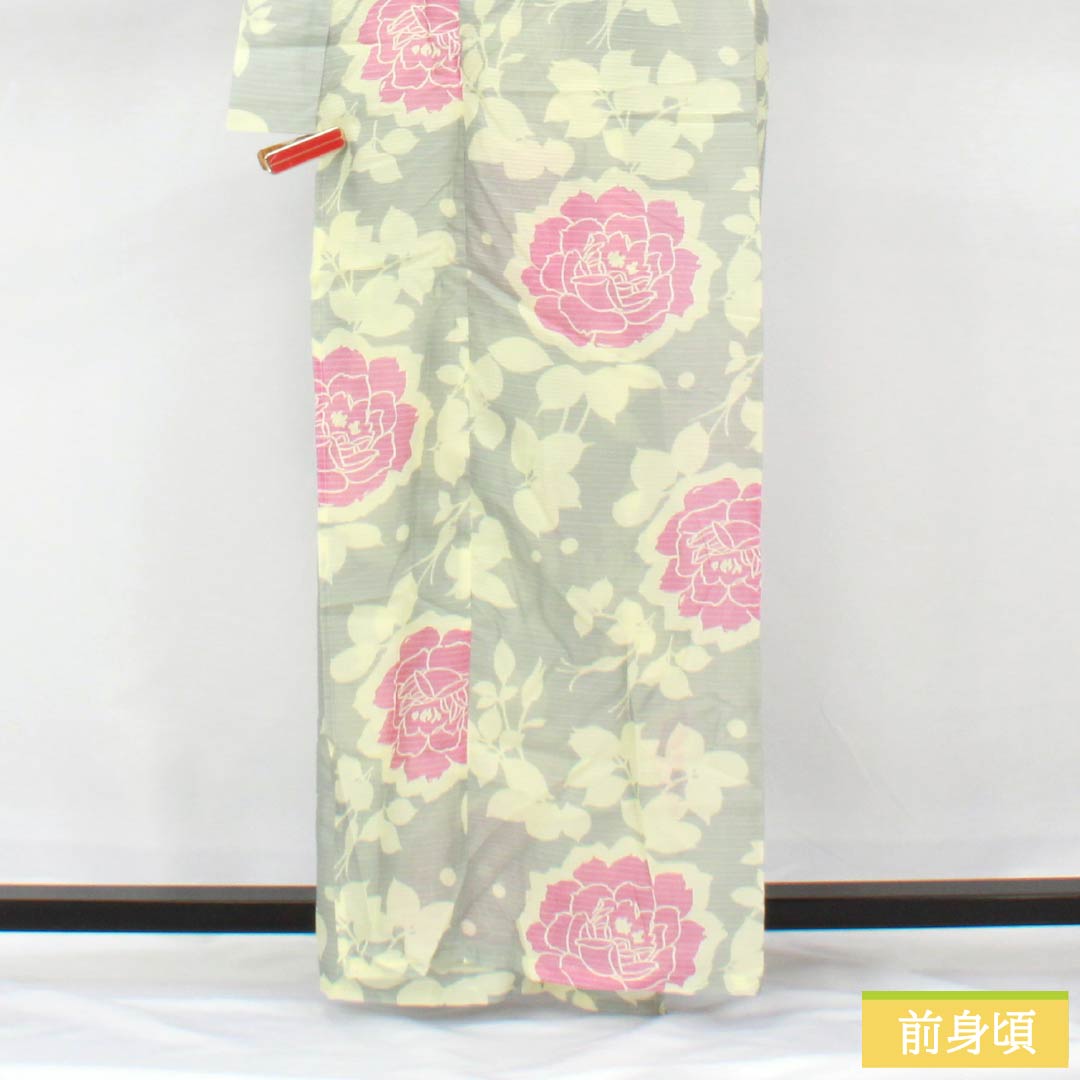 (Brand new, unused) Yukata (casual kimono) made of polyester, length 162.5cm, sleeve length 66.5cm, new rank, single layer, grayish-gray, light ink color (usuzumiiro), floral print, buttons, product number 1118005701422