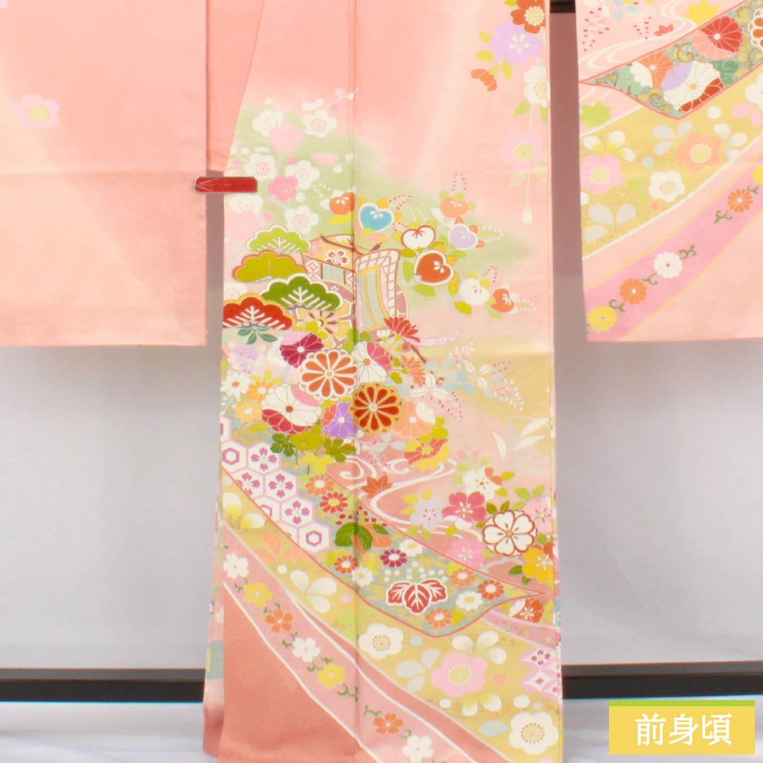 Silk Furisode, S Rank, Length 164.5cm, Sleeve-to-Sleeve 68cm, Lined, Coral Pink, Kyo Yuzen, Auspicious Patterns, Goshoguruma, Tanenoshi, Pearl Tone Processed, Pink Family, 1113002582413