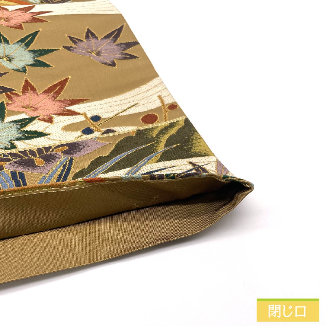 Fukuro Obi (sash) made of pure silk, S-rank, in a gray-yellow Yamabuki color, by Hakuryoen Oba, featuring a classic autumn leaf and iris pattern. Length: 434cm, six-fold, formal, beige. Product number: 1123015072325
