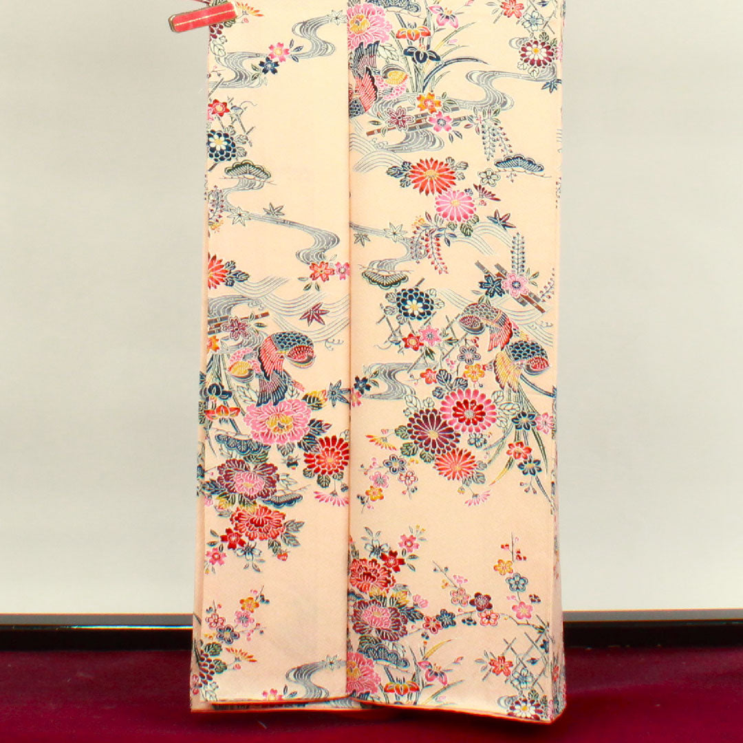 小紋 身丈163cm 裄丈66cm 袷  しつけ糸付き 未使用品 薄橙色 京紅型 吉祥文様 鴛鴦  正絹 Sランク ピンク系 1115003452413