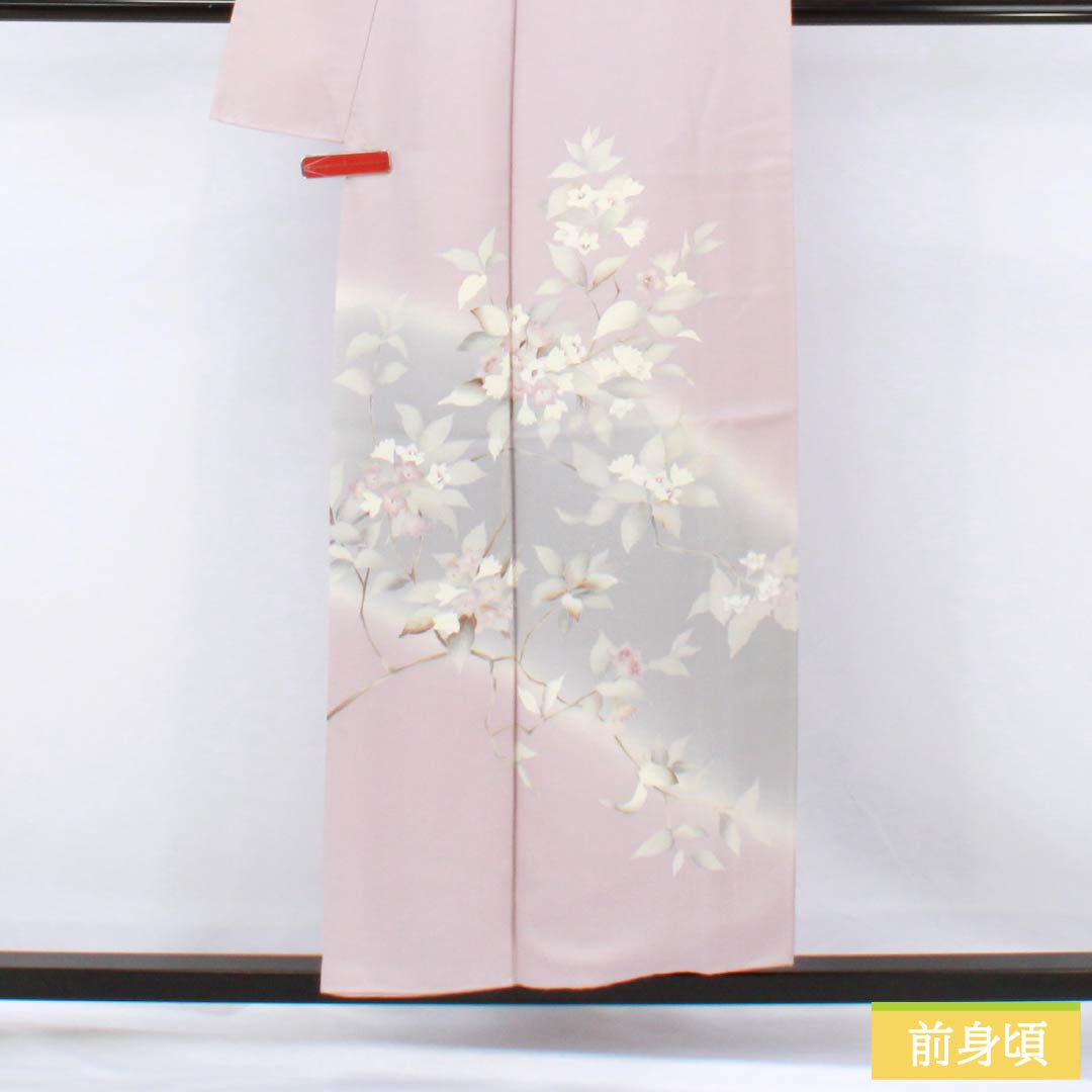 Visiting Kimono, Pure Silk, Grade A, Lined, Length 153.5cm, Sleeve Length 62.5cm, White Plum Blossom Color, Purple Flowers, Item Number: 1112007573220