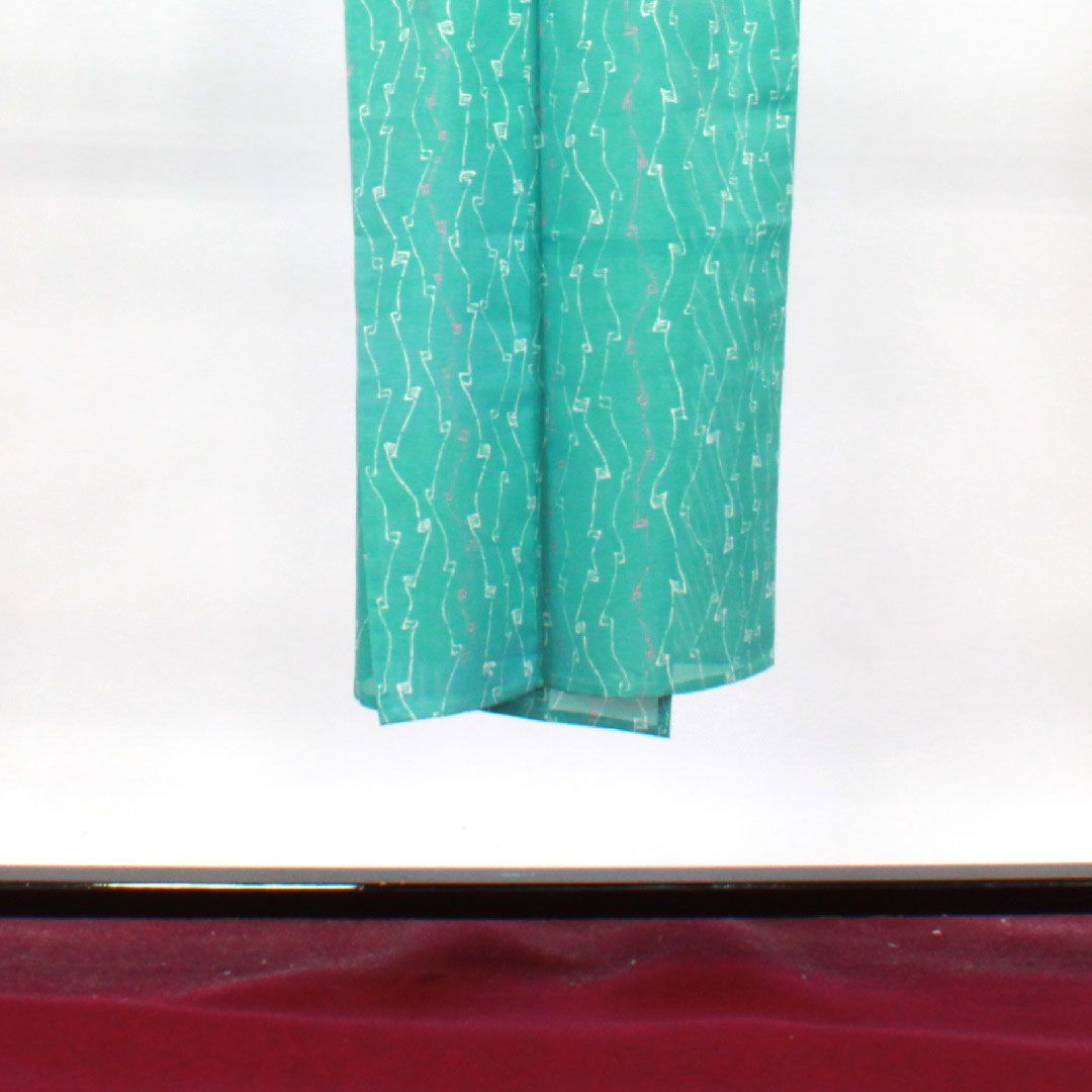 Summer kimono, polyester, small pattern, length 137cm, sleeve length 62cm, light blue, washable kimono, geometric pattern, with basting thread, silk, S rank, light blue, 1132001342124