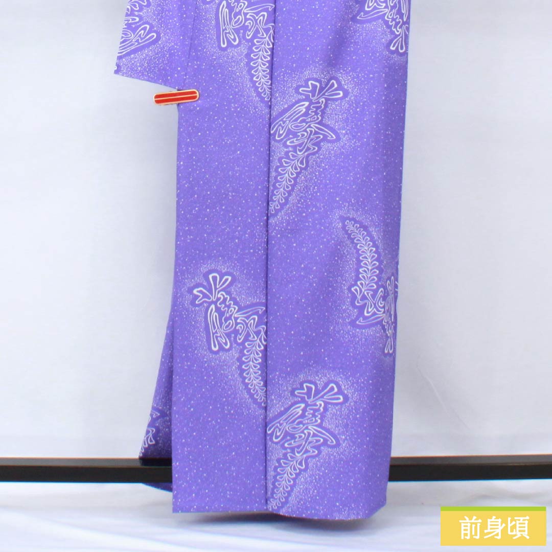 Komon (small pattern) kimono, polyester, length 161.5cm, sleeve length 65.5cm, single layer, iris-colored (kakitsubatairo) with wisteria pattern, washable, S rank, purple, product number 1115006042420