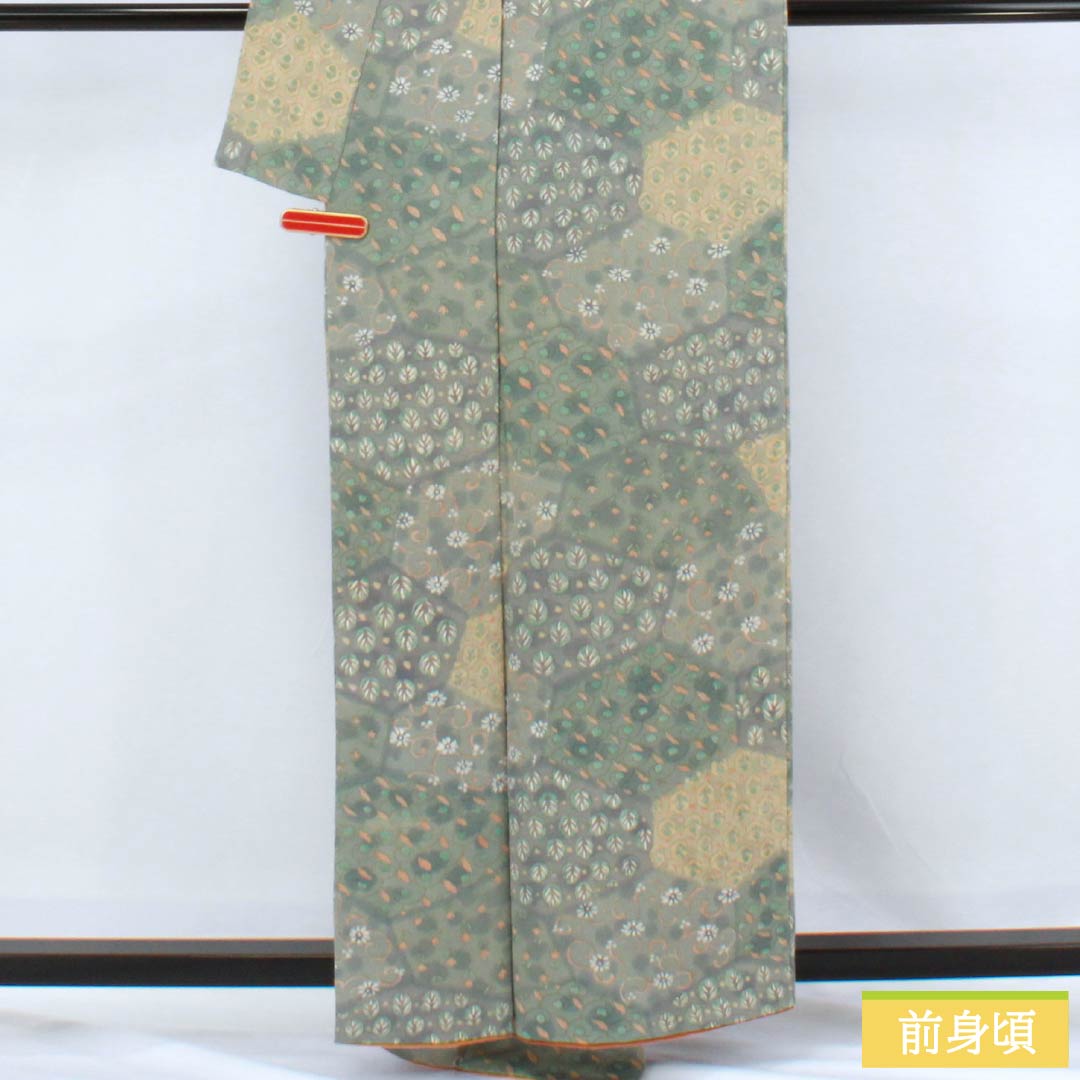 Komon silk S-rank kimono, length 159cm, sleeve length 64cm, lined, Rikyu gray (Rikyu Nezumiiro) crepe fabric, split, chintz, stencil dyed, green, 1115006522319