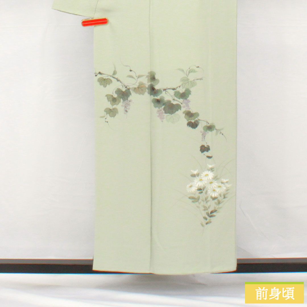 訪問着 正絹 袷 身丈155cm 裄丈65cm 白緑色（びゃくろくいろ） 草花模様 スコッチガード 付下げ Aランク 水色系 1112005453324