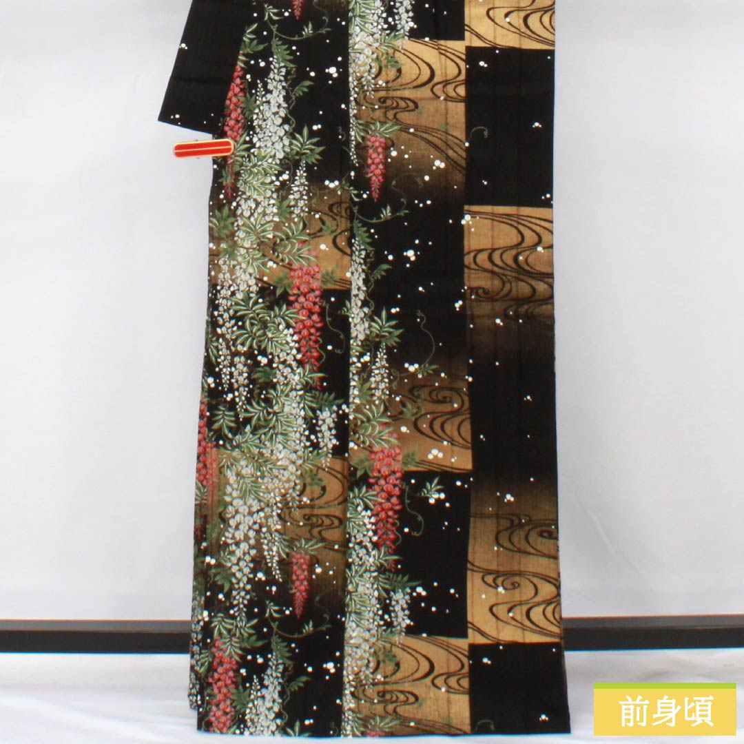 Cotton Yukata, Length 165.5cm, Sleeve Length 67cm, S Rank, Single Layer, Black, Tatero, Wisteria, Flowing Water, Checkered Pattern, 1118006532510